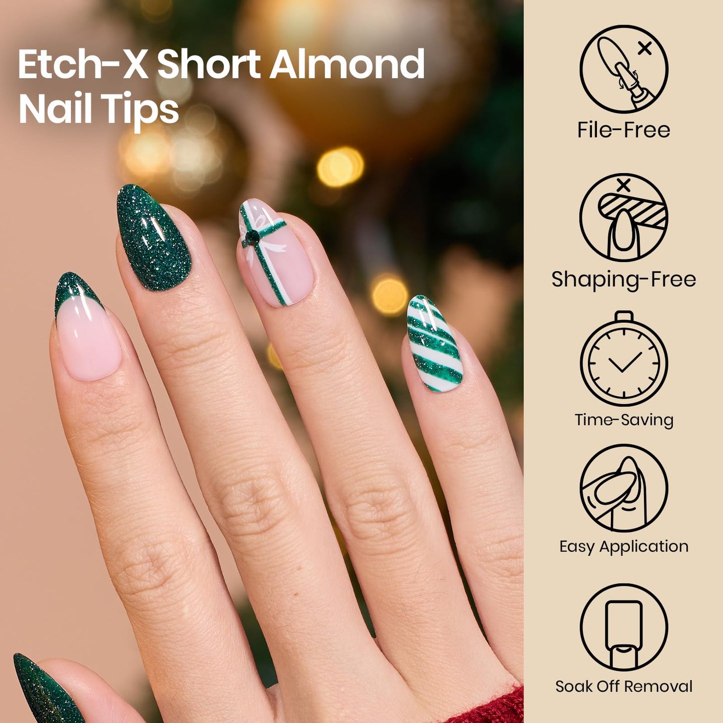 Beetles Gel Nail Tips Etch-X, Almond Short Christmas Limited Set, 288pcs 12 Sizes, Pre-Etched Half Matte Full Cover Soft Acrylic False Nail Tips Almond Shape Easy DIY Extension Salon Gift for Women