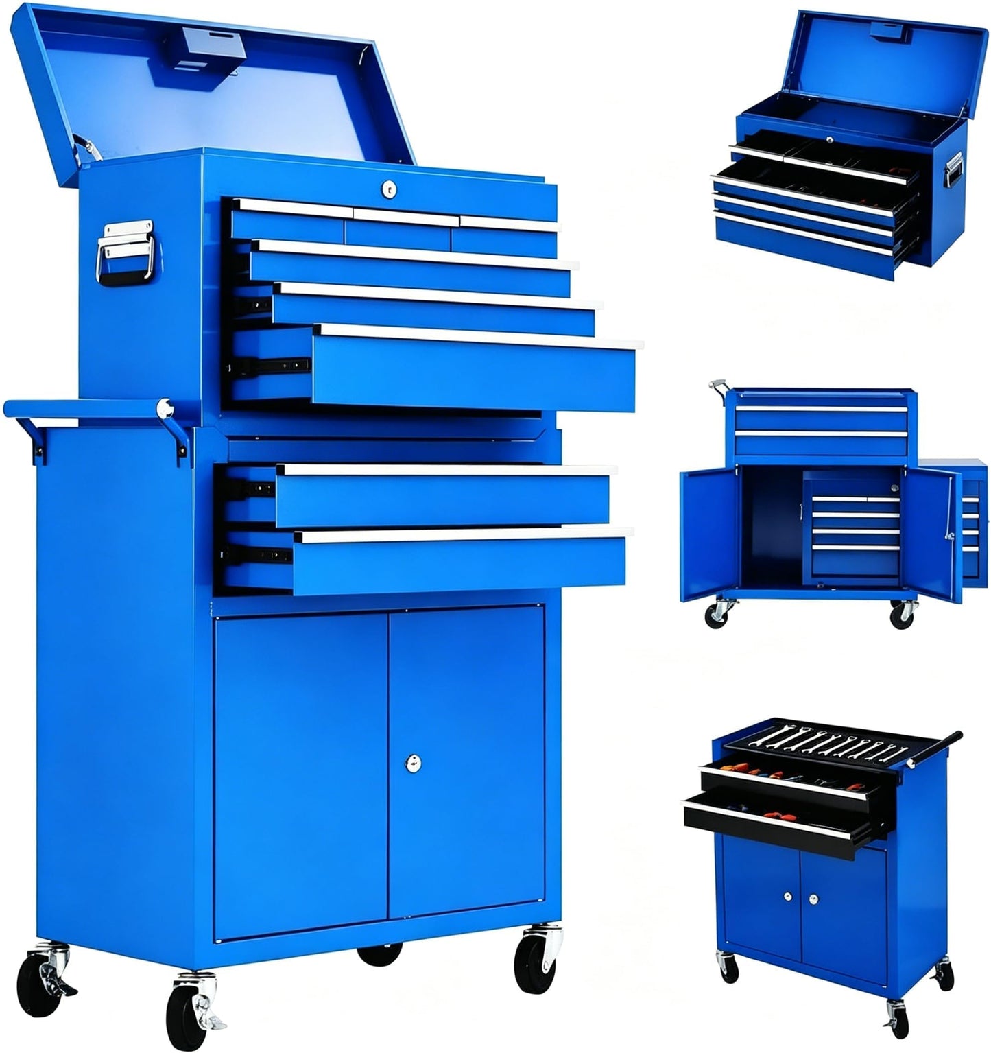 GarveeTech 24 Inch 8 Drawer Lockable Rolling Tool Chest, 2 in 1 Detachable Metal Tool Box Cabinet with Wheels, Heavy Duty Secure Storage Organizer with Portable Top Chest for Garage Workshop, Blue