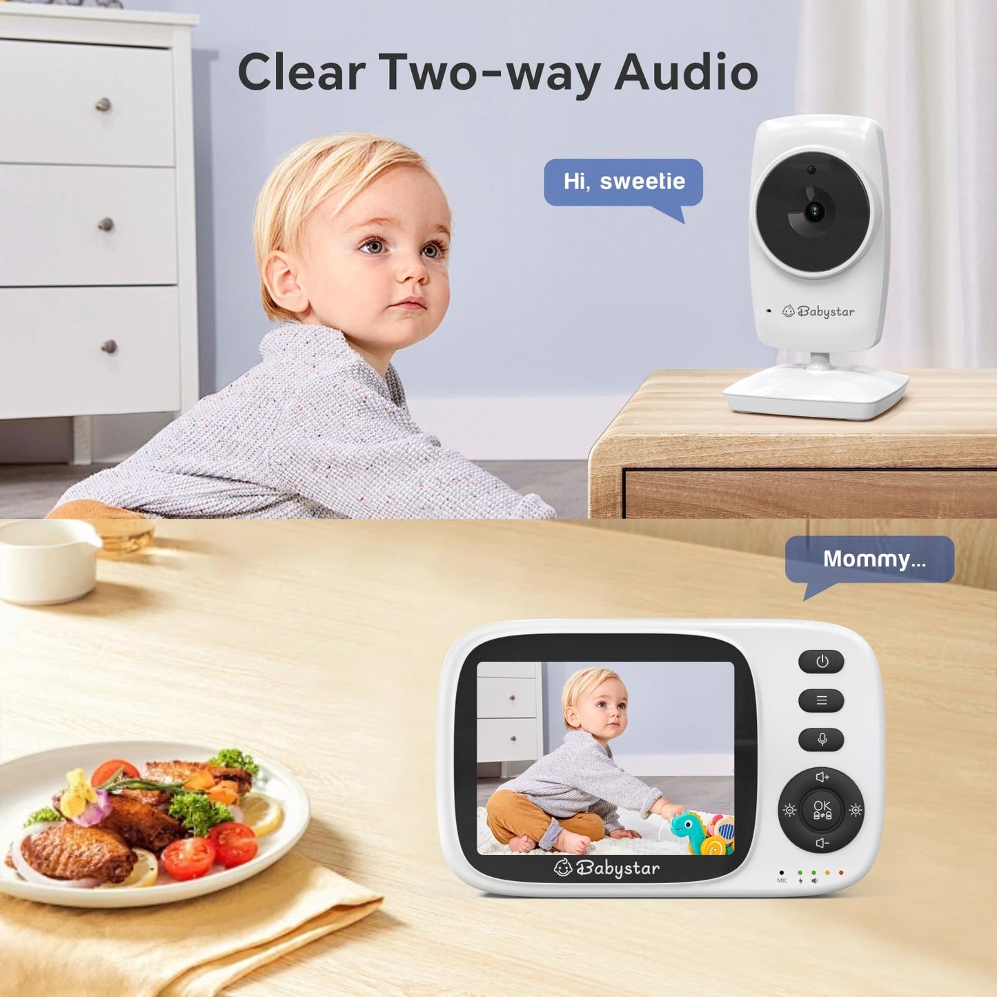 Babystar Baby Monitor with Camera and Night Vision,3.2inch Screen Wireless Video Baby Monitor with Rechargeable Battery, VOX Mode, Temperature Monitoring,Two-Way Audio,Soothing Sounds & Lullabies