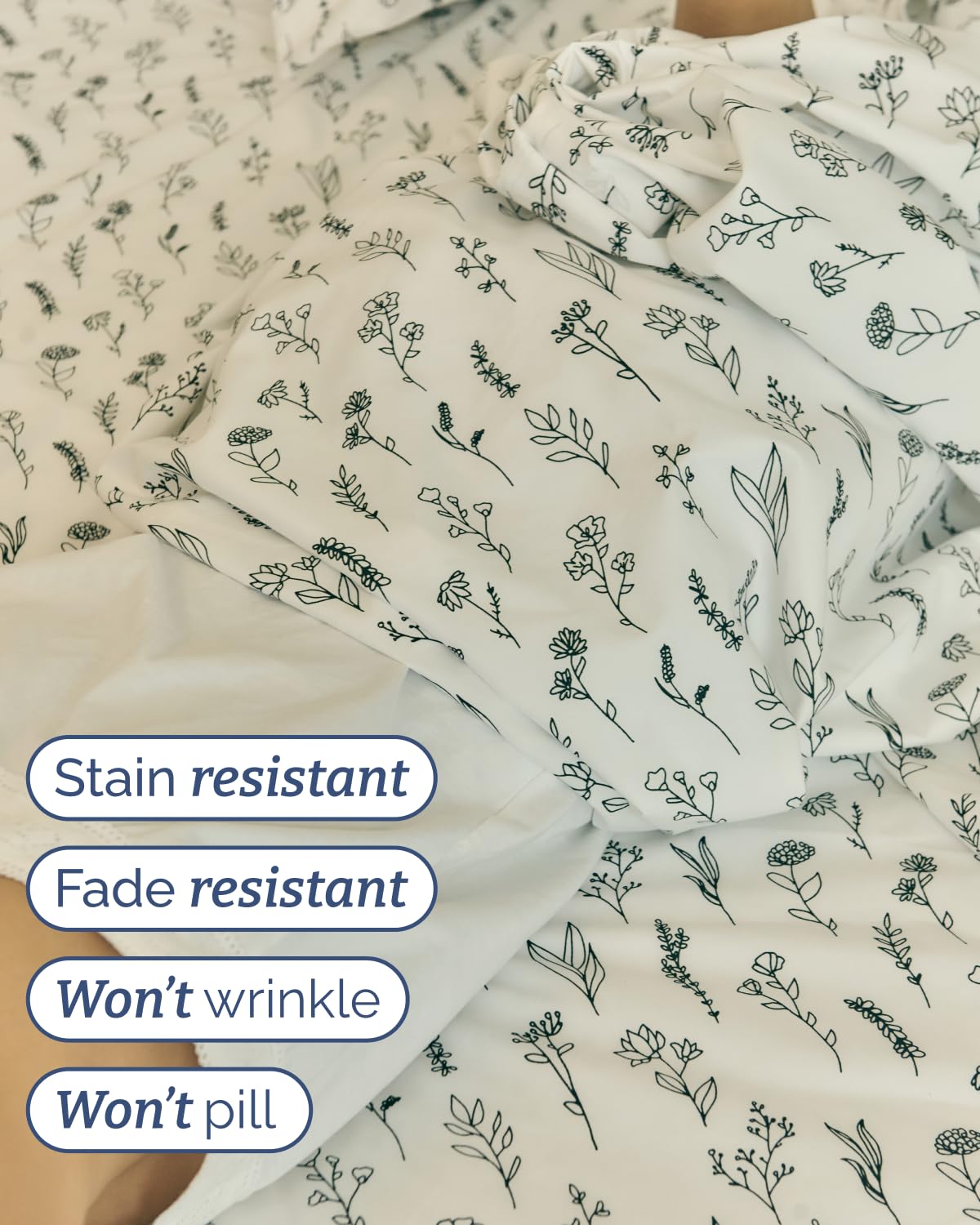 Floral Sheets - Black & White Floral Bed Sheet Set - 1 Flat, 1 Fitted & 2 Pillowcases w/ Deep Pockets - Comfy, Wrinkle & Fade Free - Boho Botanical Bedding - Soft, Breathable & Cooling - Full Size Set