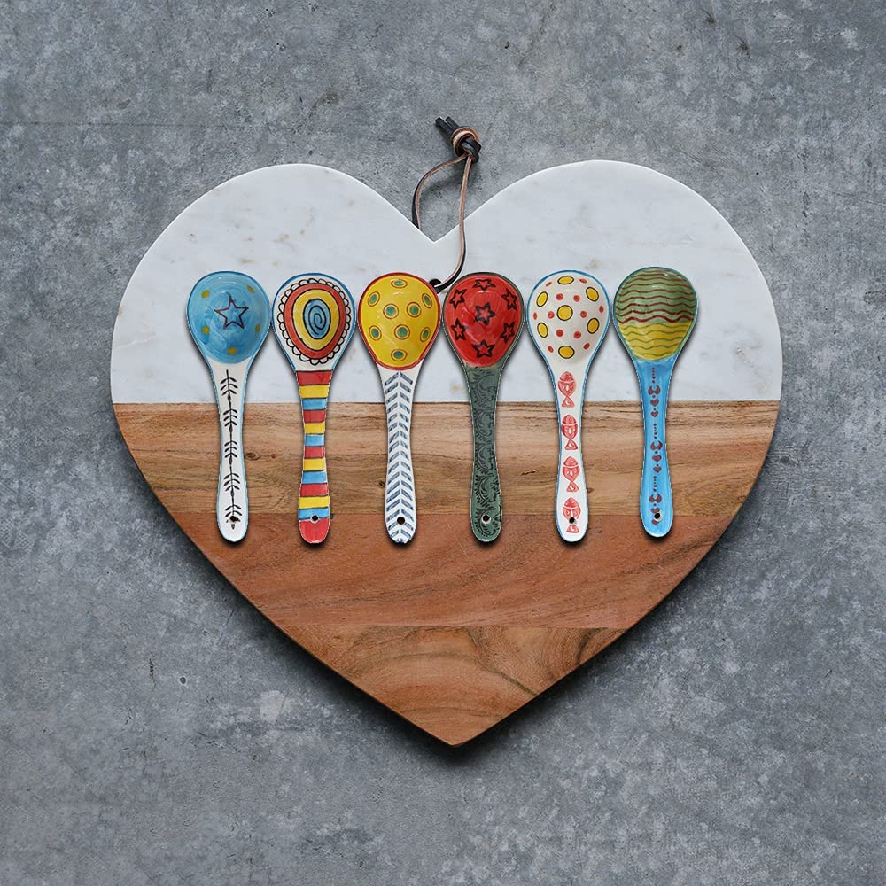 Ceramic Soup Spoons 6 Pcs- Hand-Painted Vibrant Small Serving Spoons for Ramen, Cereal, Yogurt, Dips, Microwave & Dishwasher Safe, Cute Spoons for Kitchen & Gifts
