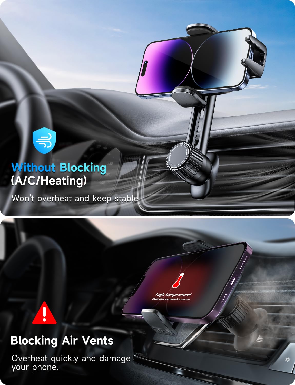 Phone Holder for Car Vent: [Never Blocking] Air Vent Cell Phones Mount, Quick Release Car Phone Mount with Stable Hook Clip, 360° Rotation Mobile Phone Automobile Cradle for iPhone Samsung Huawei etc