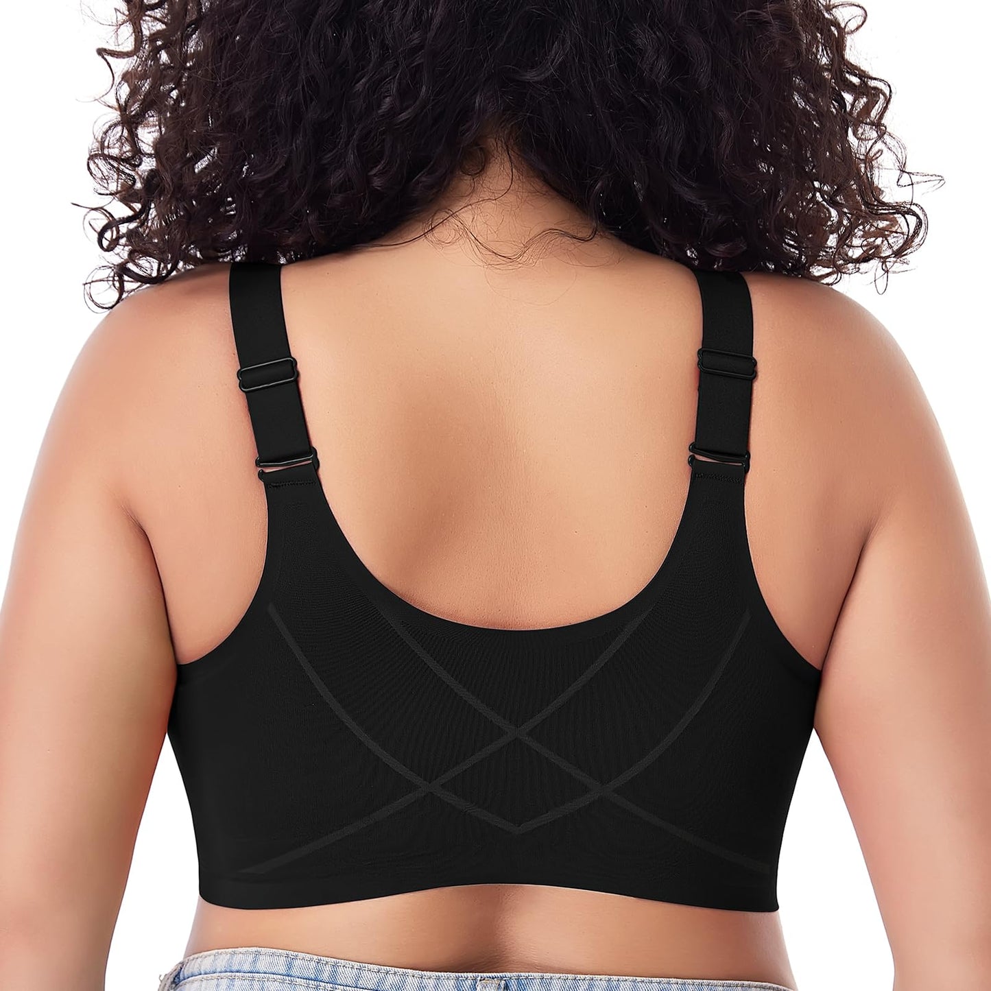 Starmiss Seamless Front Closure Bra for Women Posture Back Smoothing Wireless Brasieres, Black, L