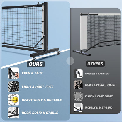 Fostoy Pro Aluminum Pickleball Net with Carbon Fiber Paddle, Dual-Side Tension Lock System, Locking Wheels, 22FT Tournament Regulation Size for Outdoor Court, Driveway & Gym, Easy Setup, Carry Bag