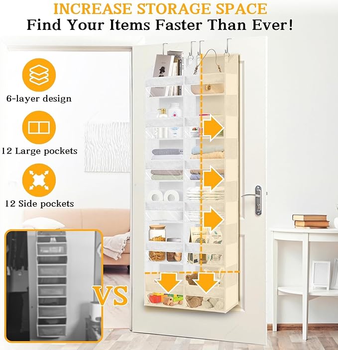 Over The Door Organizer 6 Tiers, Extra Large Behind Door Storage of 12