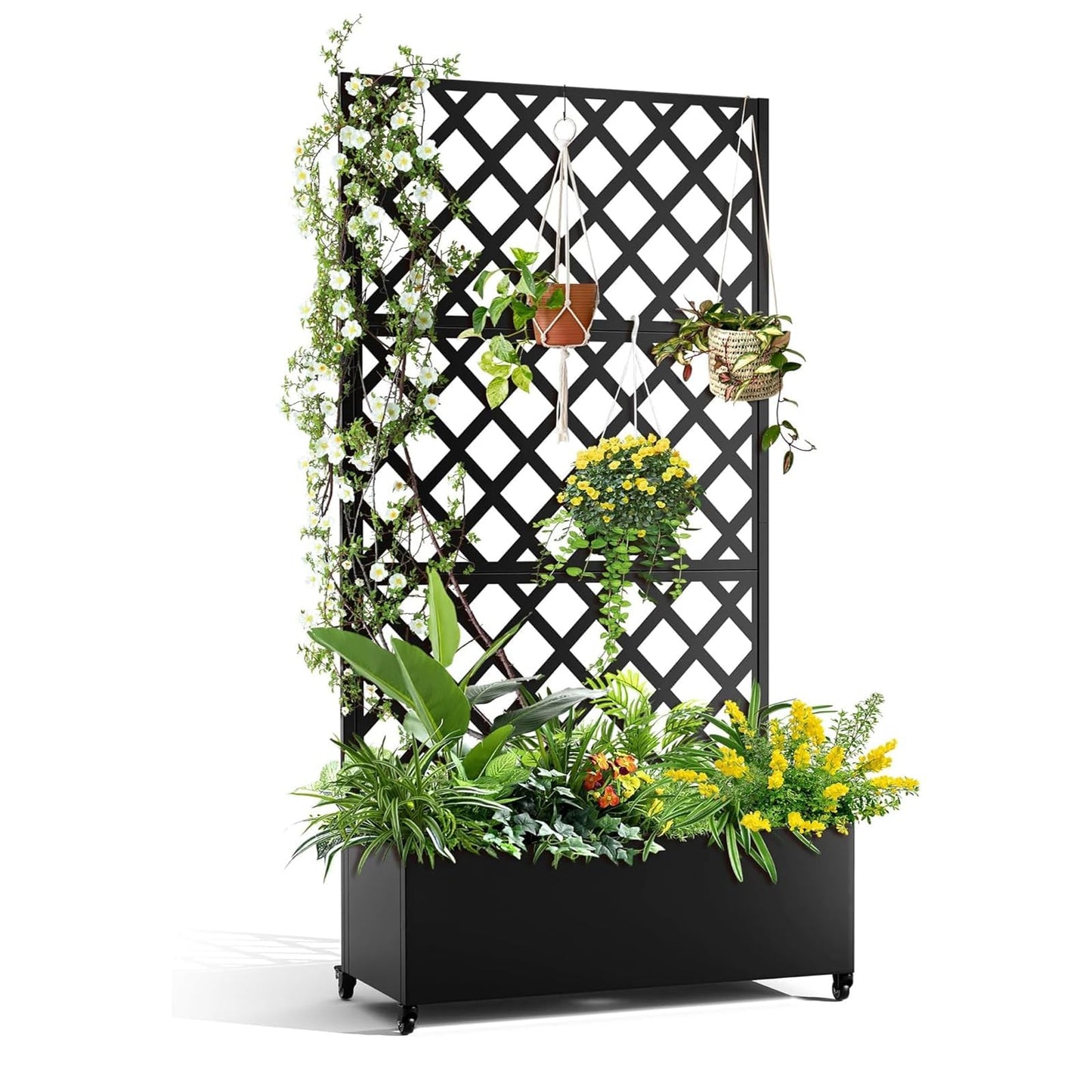 GAOMON Metal Planter Box with Diamond Lattice Trellis & Wheels, Raised Garden Bed w/Privacy Screen & Drainage Hole for Climbing Plants, Flower & Vine (72 in x35 in Black)