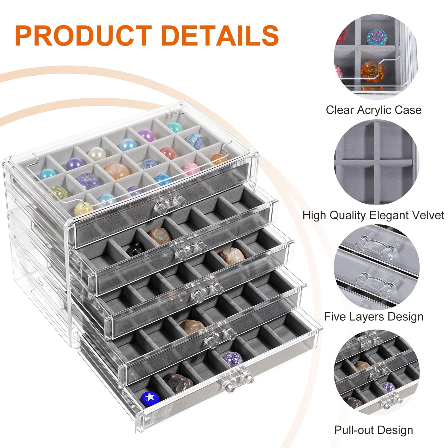 Rock Display Case for Kids, 90 Grid Rock Collection Box Rock Display Organizer Storage Compartments Acrylic Clear Display Case with 5 Drawers for Gemstone Fossil Crystal Stone Collectibles