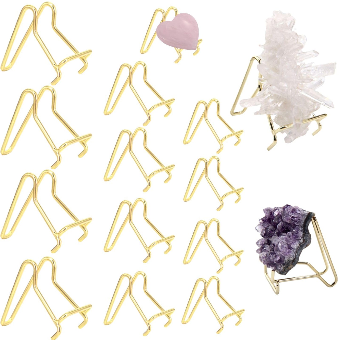 Nwsrayu 12 pcs 3 Sizes Rock Display Stand Gold Metal Easel Stands Crystals Holder for Display Collectibles Crystals, Rocks, Geodes, Heart Stones, Mineral Agate Fossil , Cards, Coins,Plates