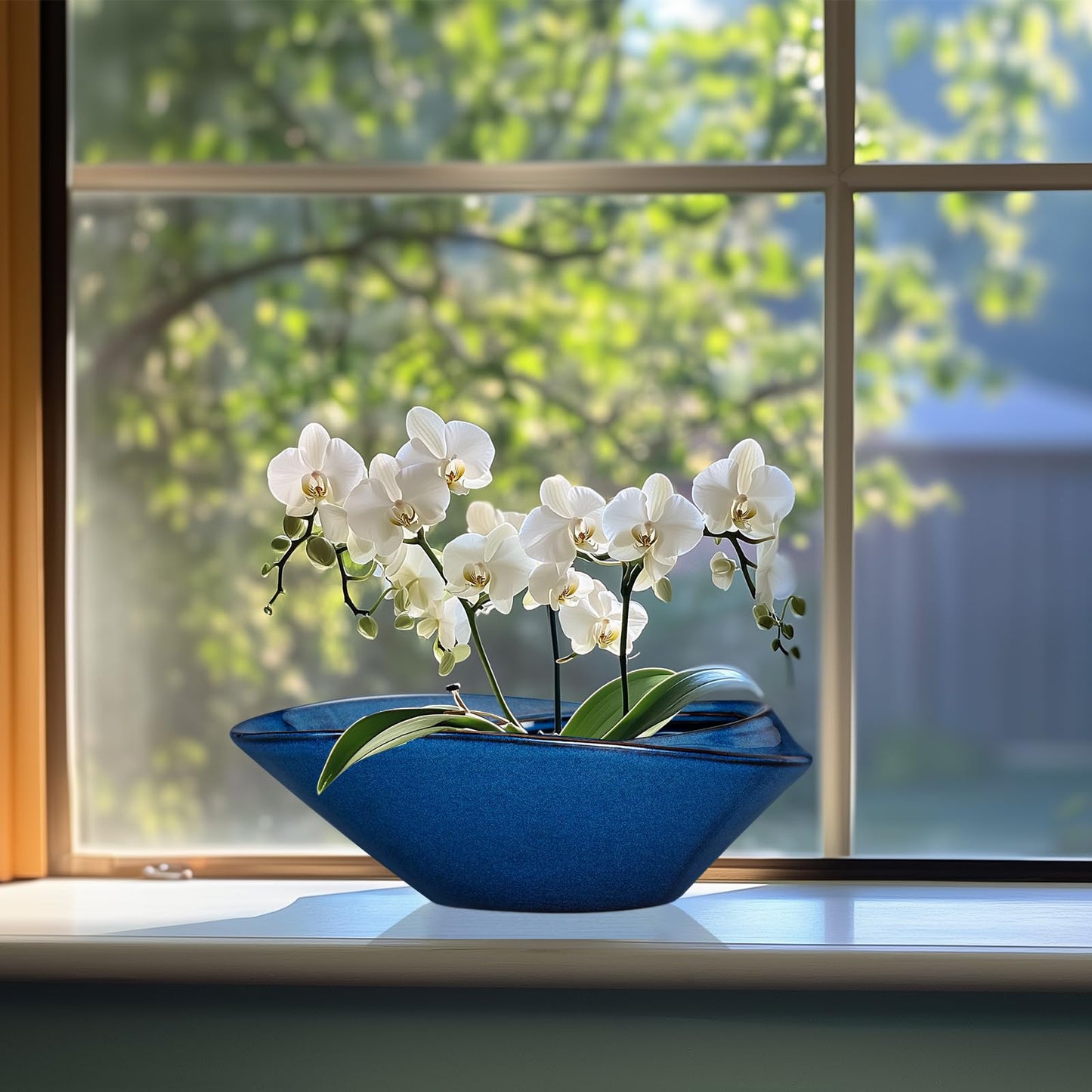 EPFamily Bonsai Tree Pot - Ceramic Planter Pot with Drainage Hole 12 Inch Bonsai Pots Decorative Orchid Succulent Plant Pots for Indoor Outdoor Plants Blue