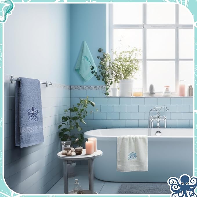 3 Pack Coastal Hand Towels for Bathroom 100% Cotton Embroidered Bathroom Towels