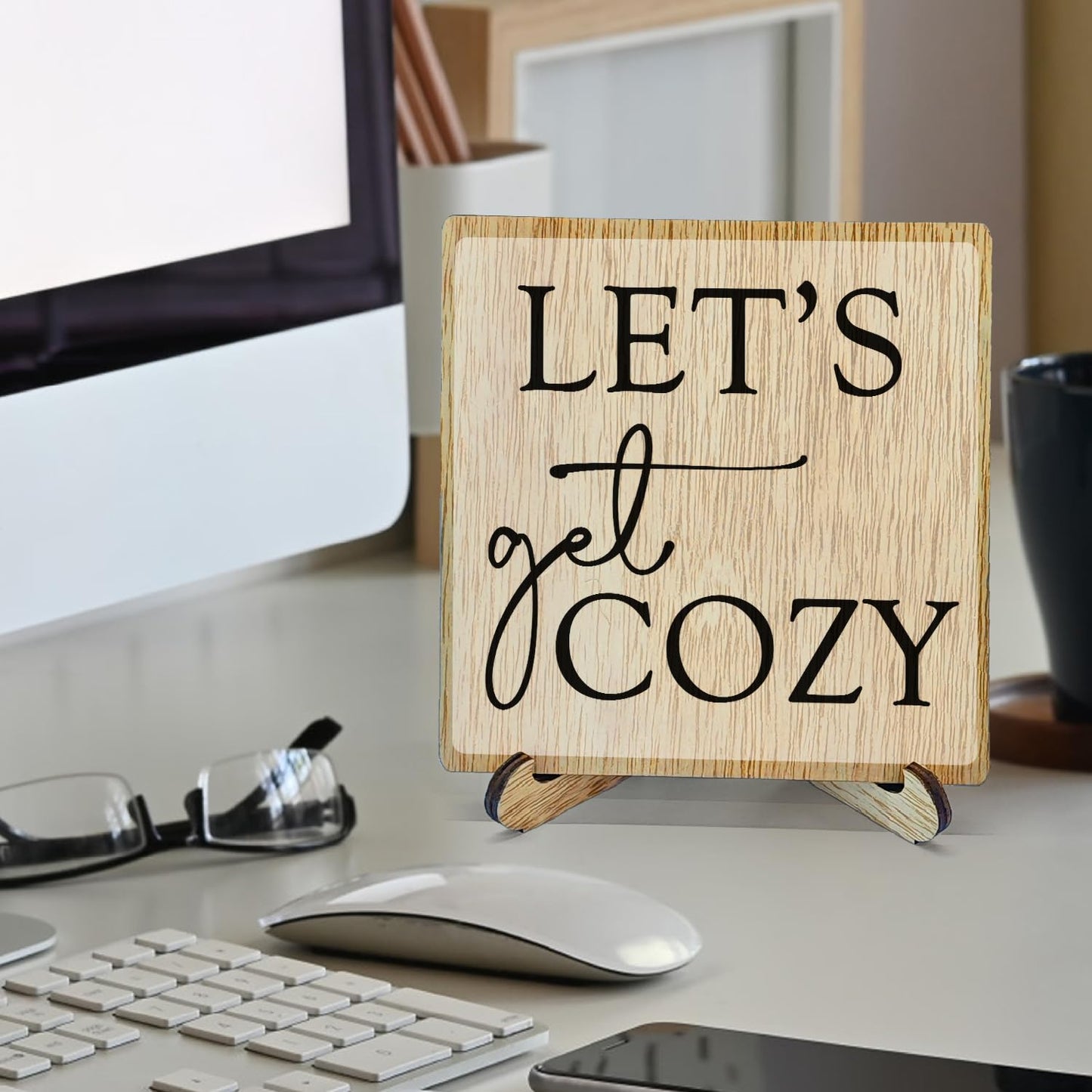 HSIASHENG Best Cozy Wooden Decor 5"X5", Let's Get Cozy Wooden Desk Table Stand Sign Decor for Entertainment Center Living Room, Family Housewarming Stand Sign Gifts for Women Man Couple