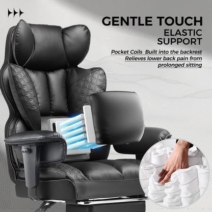 COMHOMA Big and Tall Office Chair Heavy Duty Wide Ergonomic Gaming Chair with Deluxe Embossing Leather with Foot Rest 150°Reclining Adjustable Armrests Pocket Spring Back Support and Without Pillow
