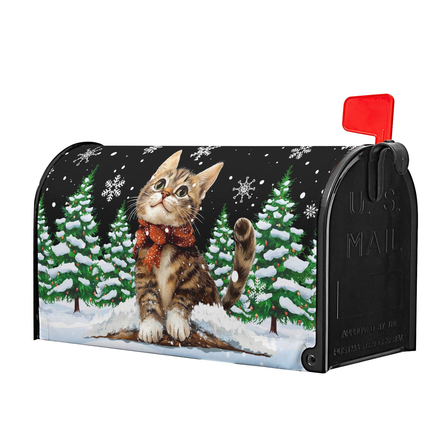 Winter Cat Mailbox Cover Magnetic Large Size 25”x21” Christmas Cat Mailbox Wraps Kitty Kitten Snow Pine Tree Decorative Post Letter Box Cover for Holiday Garden Yard Outdoor Decor