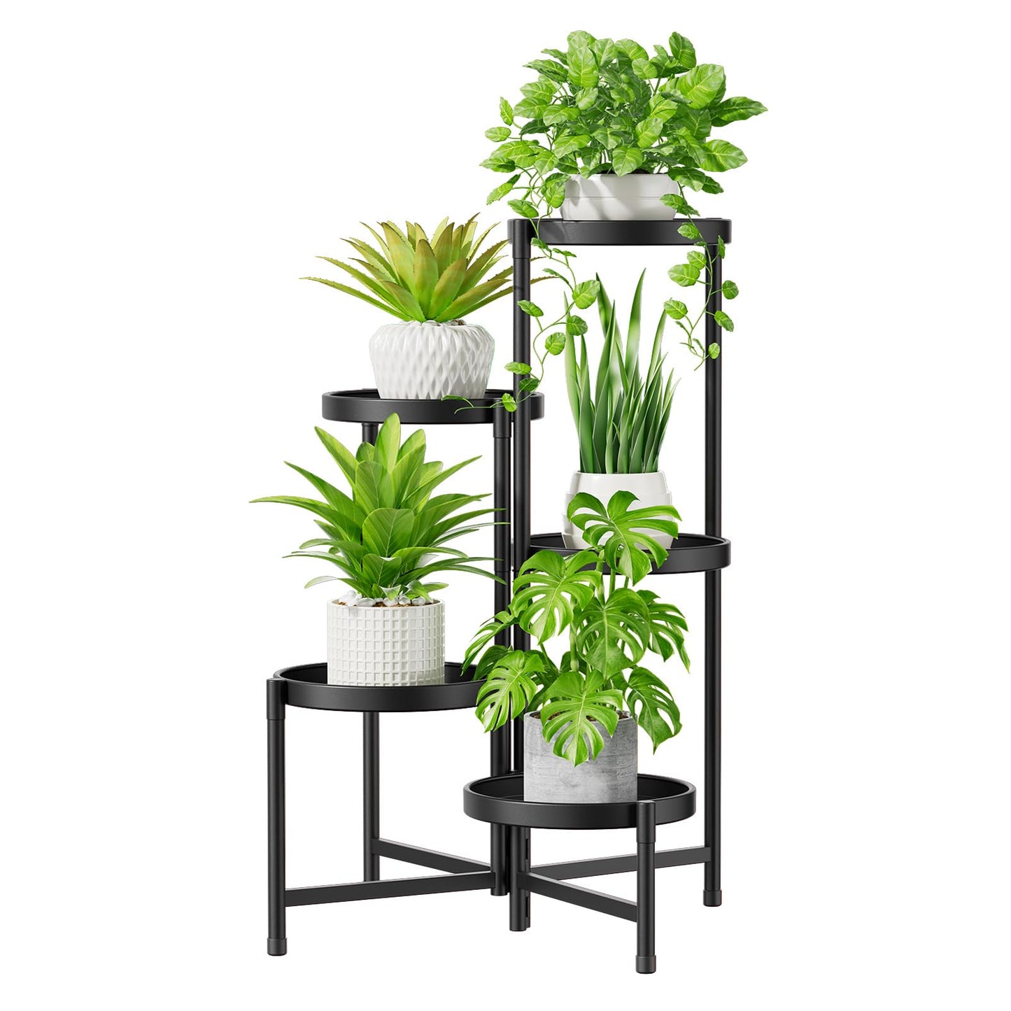 iDavosic.ly 5 Tier Large Plant Stand Indoor with 10 Inch Wide Tray, Tiered Corner Metal Outdoor Flower Display Holder Shelf, Folding Tall Rack for Patio Porch Living Room, Modern Black