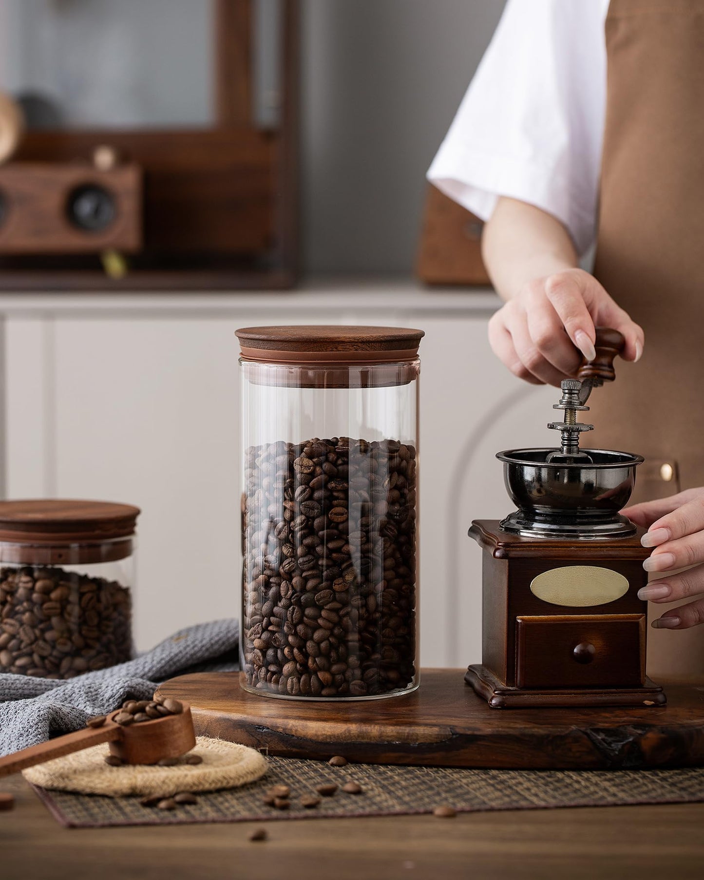 BOILMERIT 37 oz Coffee Canister with Scoop and Wooden Lids, Airtight Storage Container Sets of 2 for Ground Coffee & Beans, Glass Jars for Coffee Bar Organizer, Kitchen Countertop