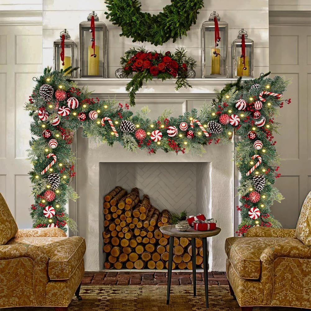 Red and White Christmas Garland 6Ft Christmas Garland Ornaments with 15 Balls, 3 Pinecones, 3 Candy Canes, LED Lights, Christmas Decorations for Fireplace Mantel Staircase Front Door Porch Holiday