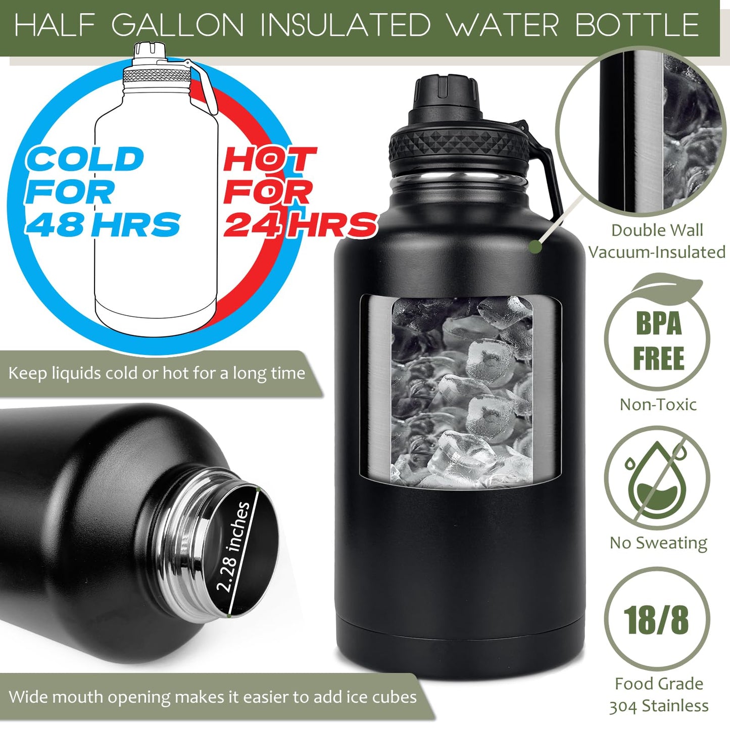 DEFUNX 64 Oz Water Bottle with Sleeve - Half Gallon Big Insulated Water Jug with Strap Stainless Steel Gym Water Bottles for Men Sports Workout Hiking All Black