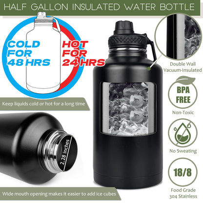 DEFUNX 64 Oz Water Bottle with Sleeve - Half Gallon Big Insulated Water Jug with Strap Stainless Steel Gym Water Bottles for Men Sports Workout Hiking All Black