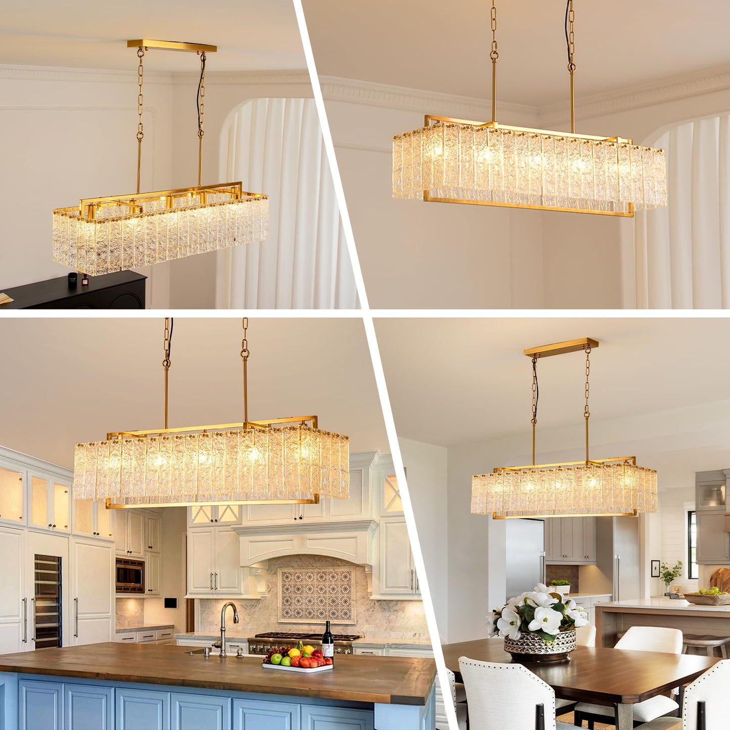 HSMKL Modern Rectangular Crystal Chandelier for Dining Room Gold Rectangle Water Ripple Glass Pendant Ceiling Light 5-Lights Hanging Light Fixture for Living Room Kitchen Island L39" x W11.8" x H11"
