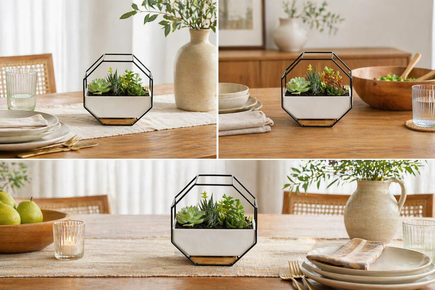 IRYL Wall Planter for Indoor Plants - Ceramic Wall Hanging Planter Set with Bamboo Tray & Hooks - Decorative Wall Plant Holder - Modern Wall Planters for Vertical Garden Home Decor - Black