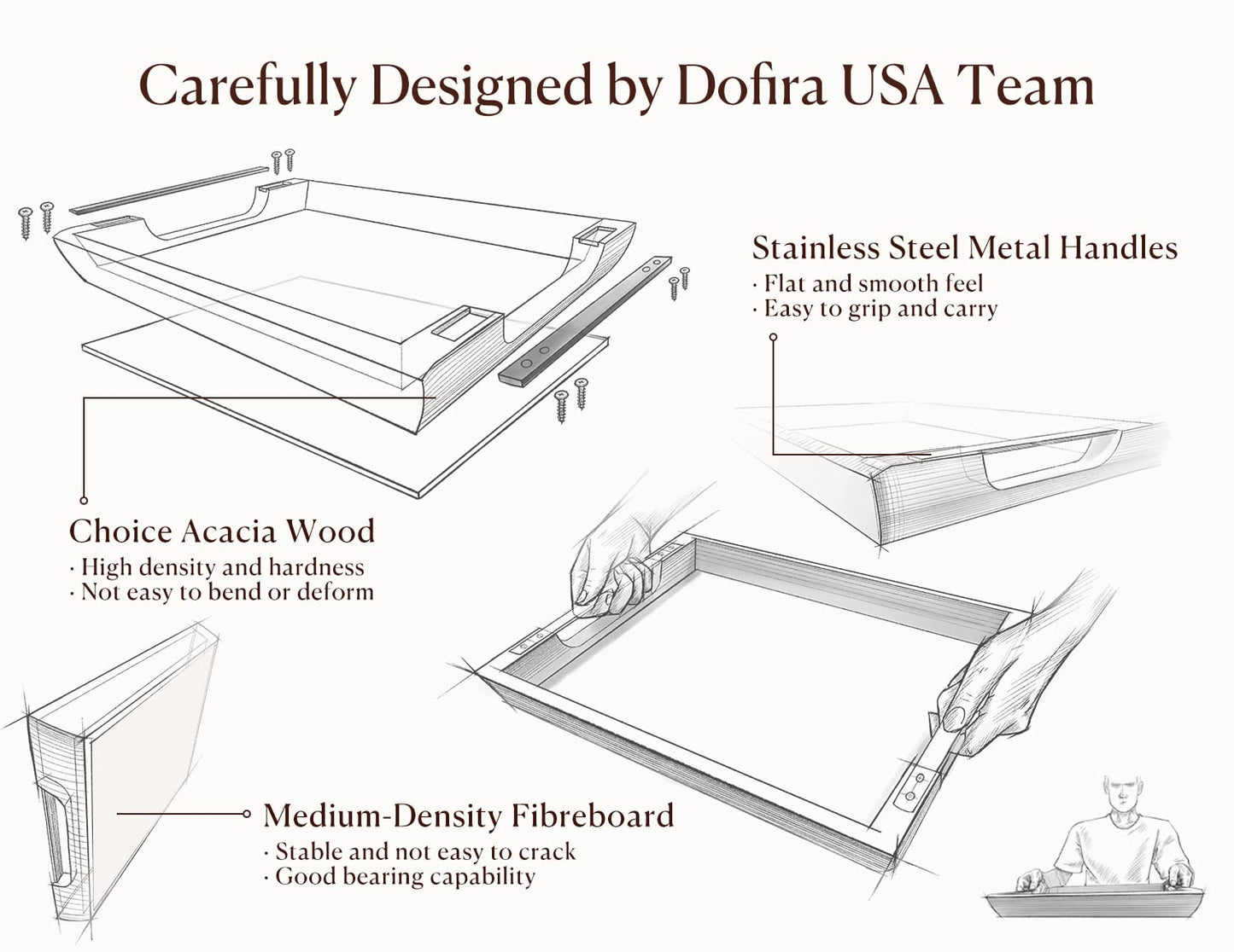 Dofira Acacia Wood Serving Tray with Metal Handles, 17x13in Food Drinks Tray for Coffee Table, Breakfast, Dinner & Bar, Rustic Decorative Storage Tray for Ottoman, Kitchen, Elegent Box for Gift