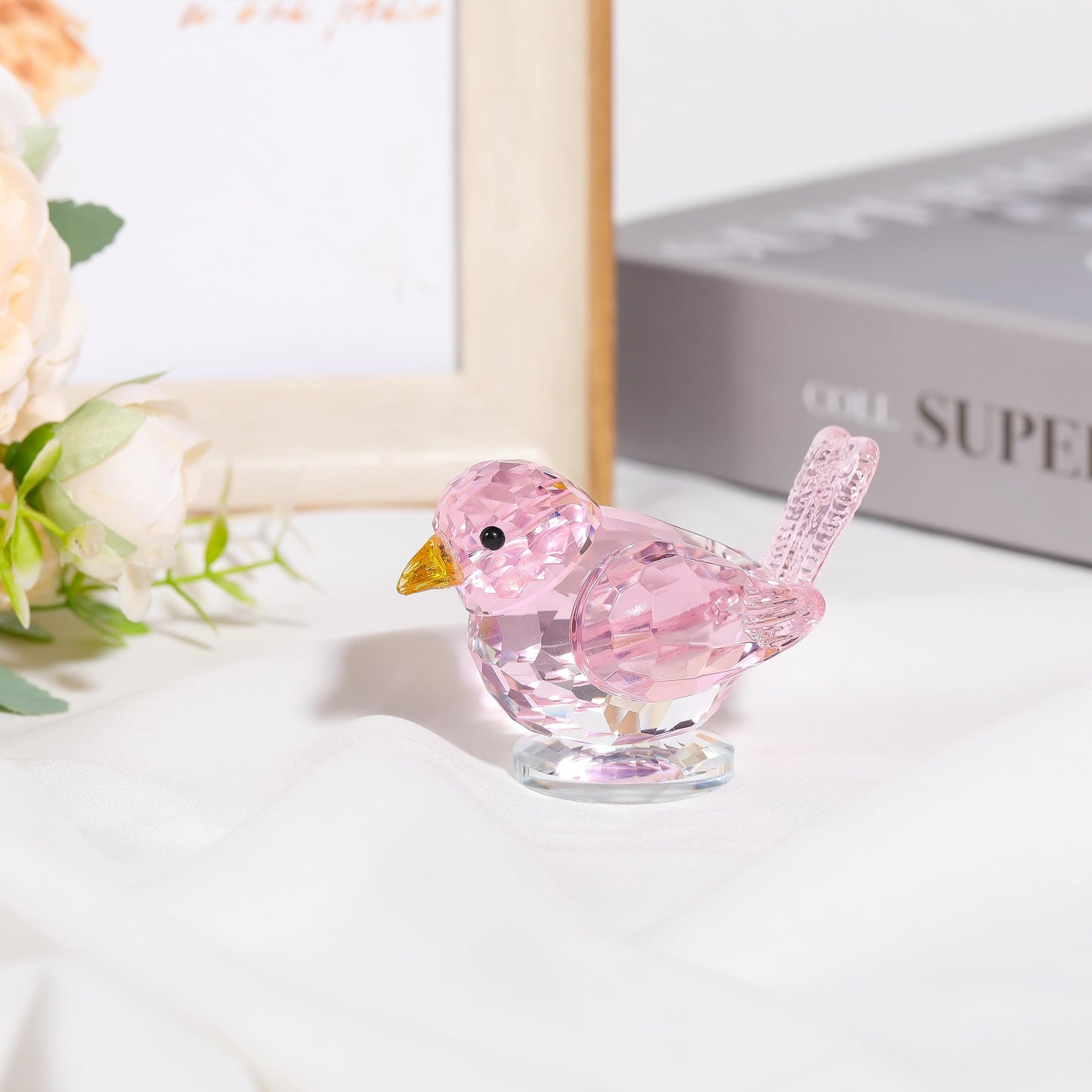 Qianwei Pink Crystal Bird Figurine Collectible - Handmade Glass Animals Figurines Crystal Office Desk Table Home Decor Paperweight