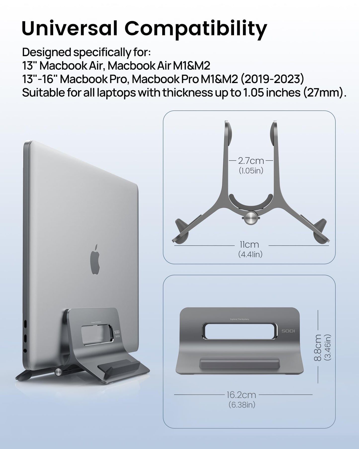 SODI Vertical Laptop Stand for Desk, Gravity Auto Lock MacBook Stand, Aluminum Laptop Holder Vertical Compatible with MacBook Pro, Air, Tablet, Space-Saving Organize Work & Home Office, Gray