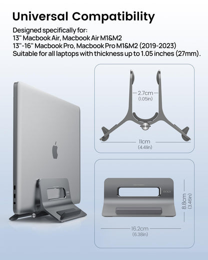 SODI Vertical Laptop Stand for Desk, Gravity Auto Lock MacBook Stand, Aluminum Laptop Holder Vertical Compatible with MacBook Pro, Air, Tablet, Space-Saving Organize Work & Home Office, Gray