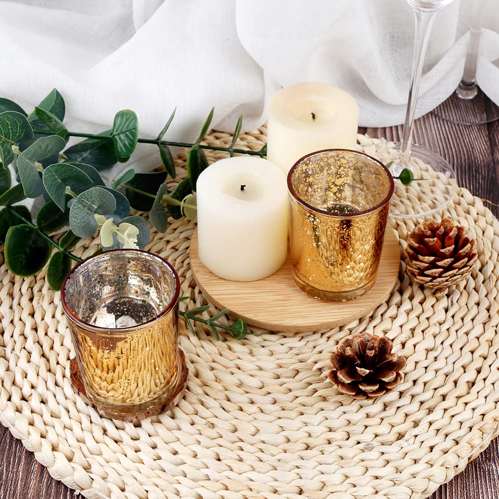 BTGLLAS 72pcs Gold Glass Tea Light Holders - Votive Candle Holders Bulk for Weddings Events - Glass Votives for Wedding Centerpieces, Christmas, Thanksgiving - Candle Accessories Decor (72, Gold)