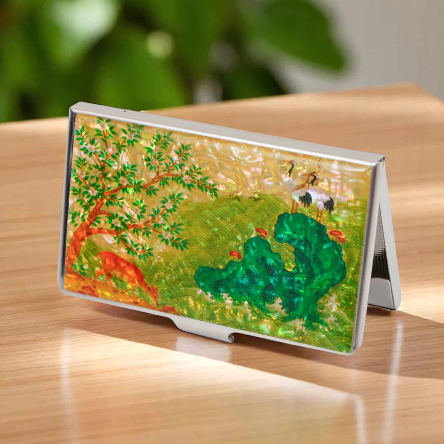 February Mountain Korean Mother-of-Pearl Business Card Holder – Crane & Deer Nature Design | Unique Asian Art Office Gift for Men & Women | Elegant Card Case for Professionals