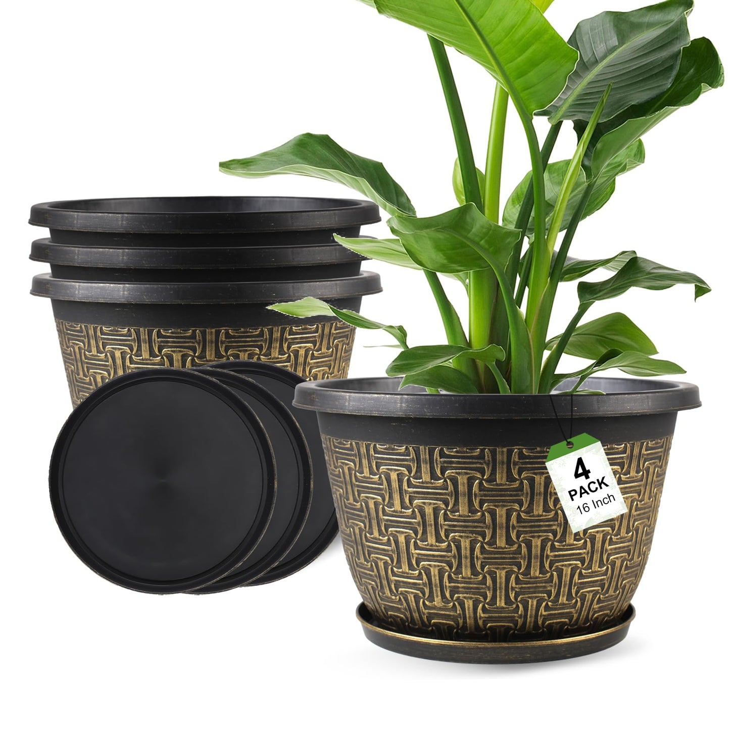 Nooulap 4 Pack 16 Inch Planter,Large Plastic Flower Pots Outdoor Indoor with Drainage Holes & Trays, Retro Antique Imitation Decorative Garden Plant Pots Outdoor for Houseplants