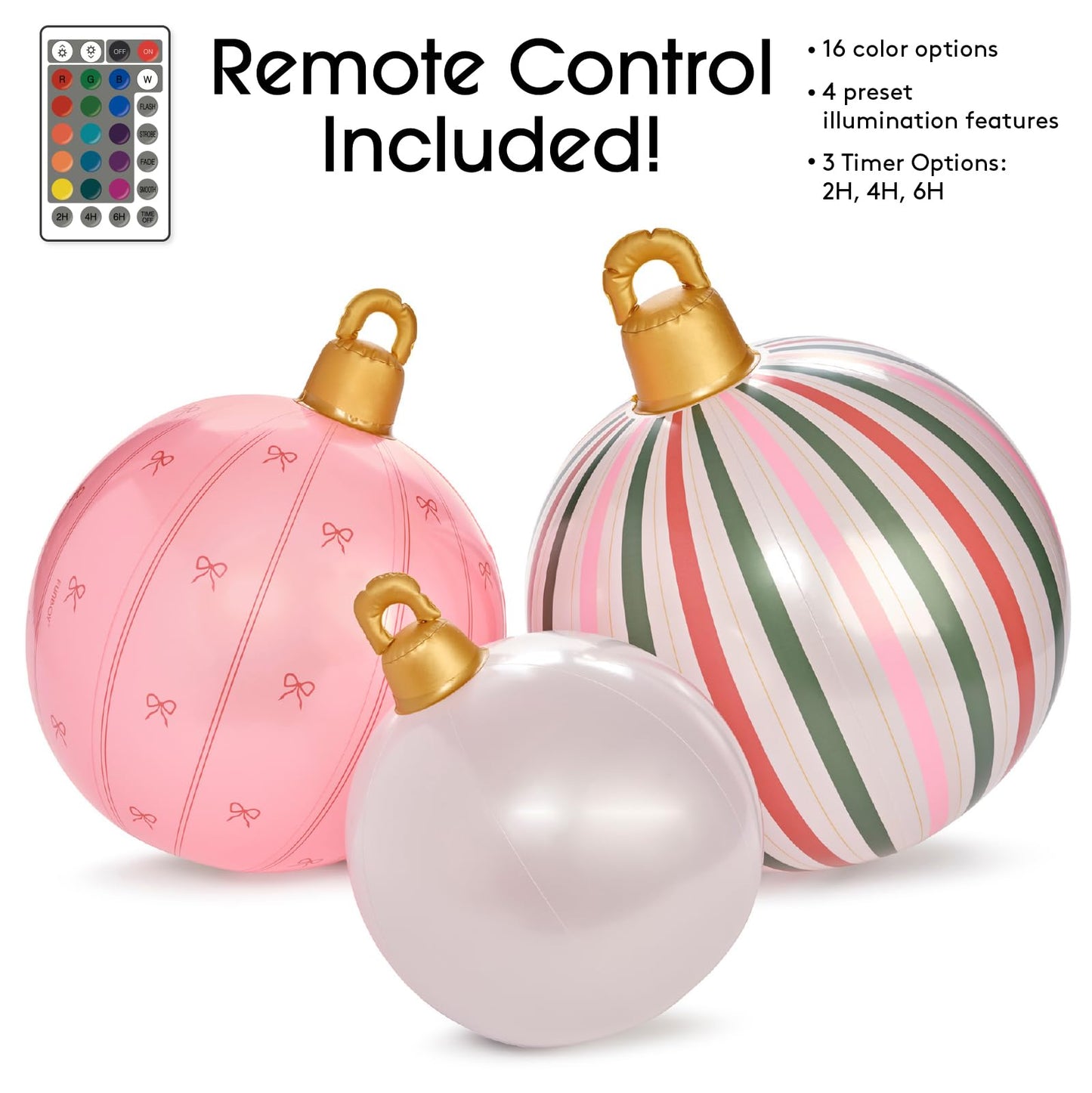 FUNBOY Giant Inflatable Light-Up Classic Pink Christmas Ornaments, 3 Giant Sizes 24'', 22'' and 16.5'' Indoor/Outdoor (3 Pack)