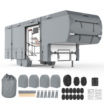 Mofeez 5th Wheel RV Cover 29-33ft, 7 Layers Top Extra-Thick Fifth Wheel Cover, Waterproof Windproof Anti-UV Rip-Stop Toy Hauler Camper Cover with 3Pcs Extra Straps, 6 Gutter Covers & 4 Tire Covers