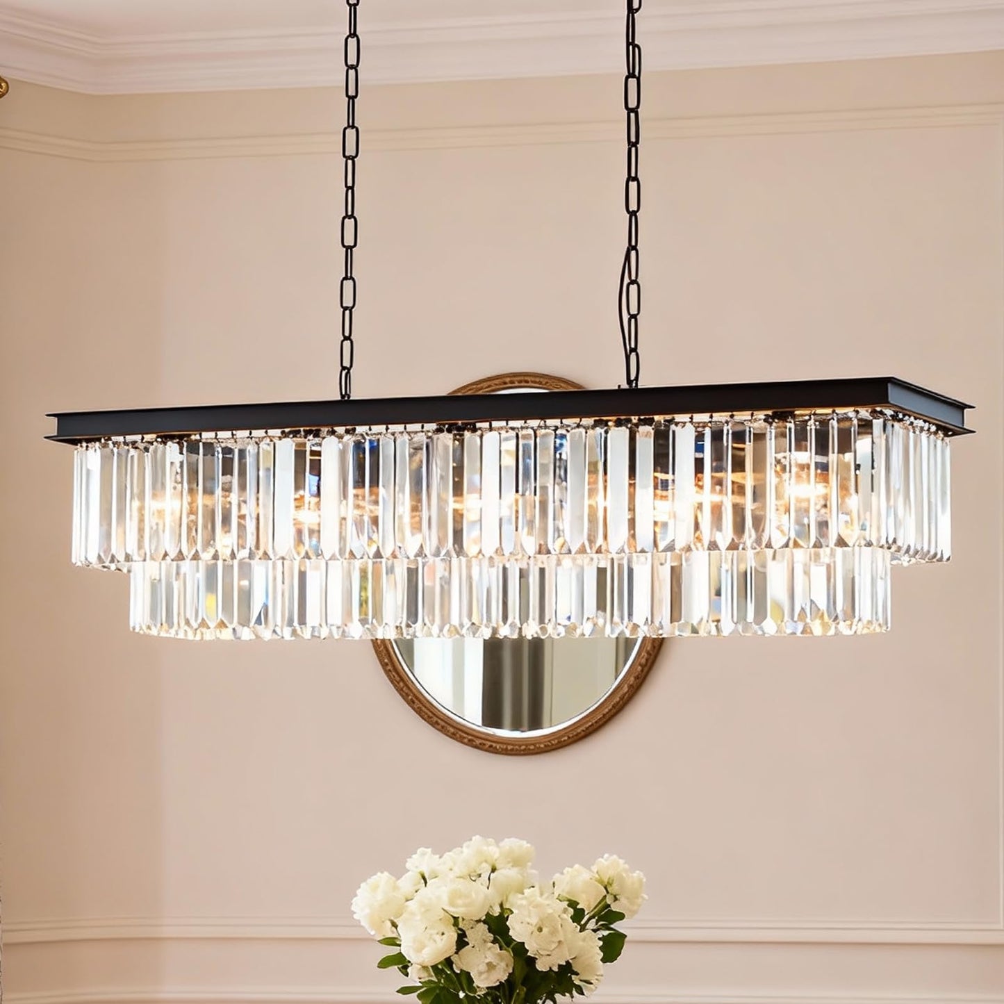MEELIGHTING Rectangle Crystal Chandelier 59 inch, Modern Rectangular Chandeliers Ceiling Hanging Linear Chandeliers Light Fixture for Dining Room, Kitchen Island, Bar, Black,14-Light