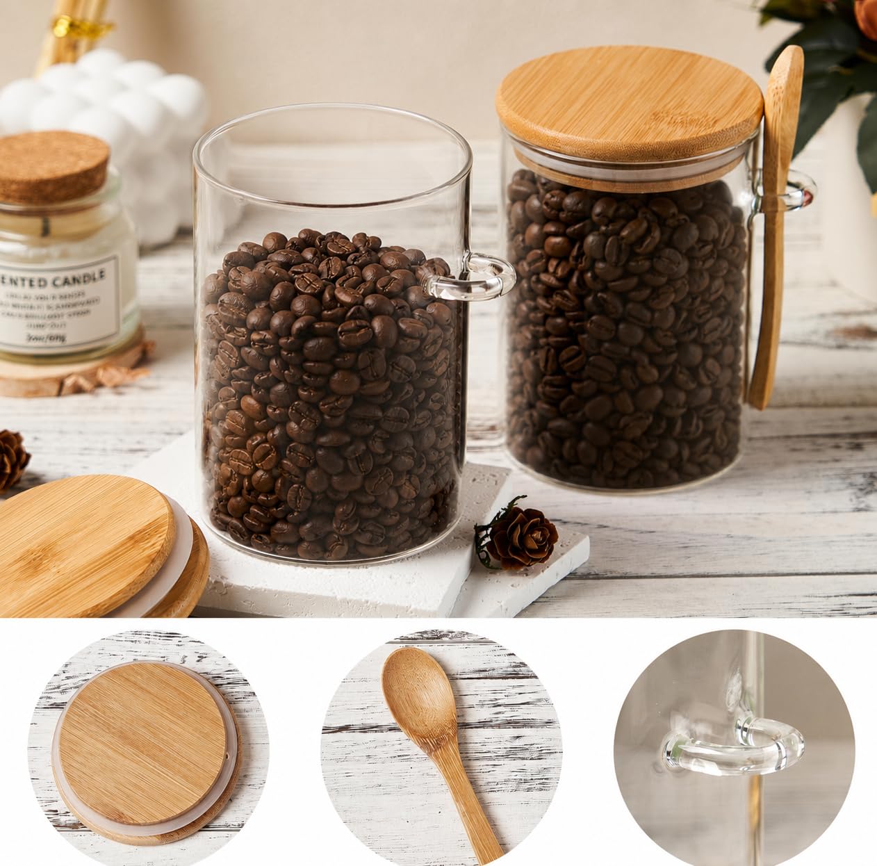 KOIKEY Coffee Sugar Container Salts Jars - 15oz Glass Airtight Caning with Bamboo Lids and Spoons Scoop, Storage Overnight Oats, Spice, Creamer, Food Organizer, Set of 3