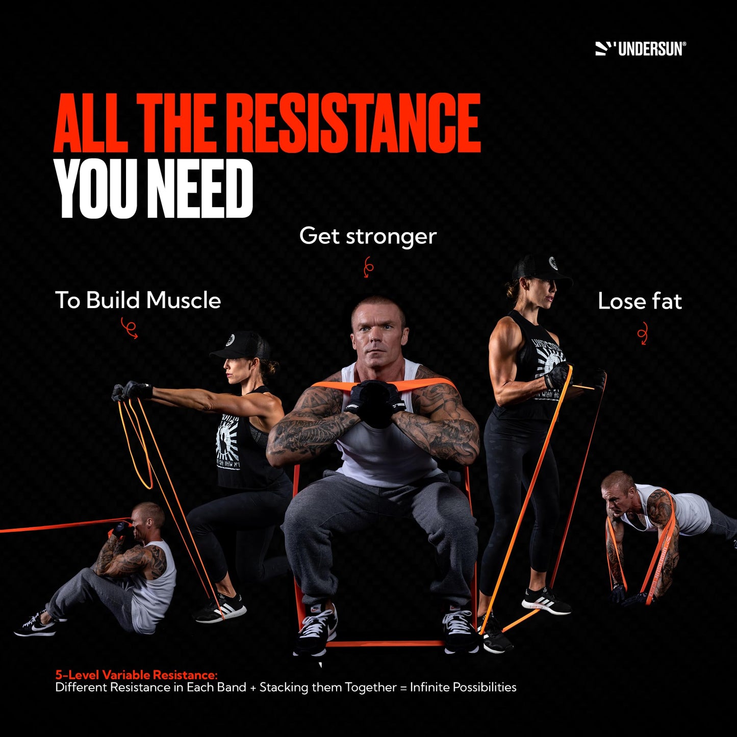 Undersun Resistance Bands for Working Out | 5-Level Heavy Resistance Bands, Door Anchor, Workout Program | Heavy Duty Fitness Resistance Bands | Orange