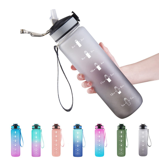 32 oz Water Bottle with Time Marker, Carry Strap, Leak-Proof Tritan BPA-Free, Ensure You Drink Enough Water for Fitness, Gym, Camping, Outdoor Sports (Black/Gray Gradient)