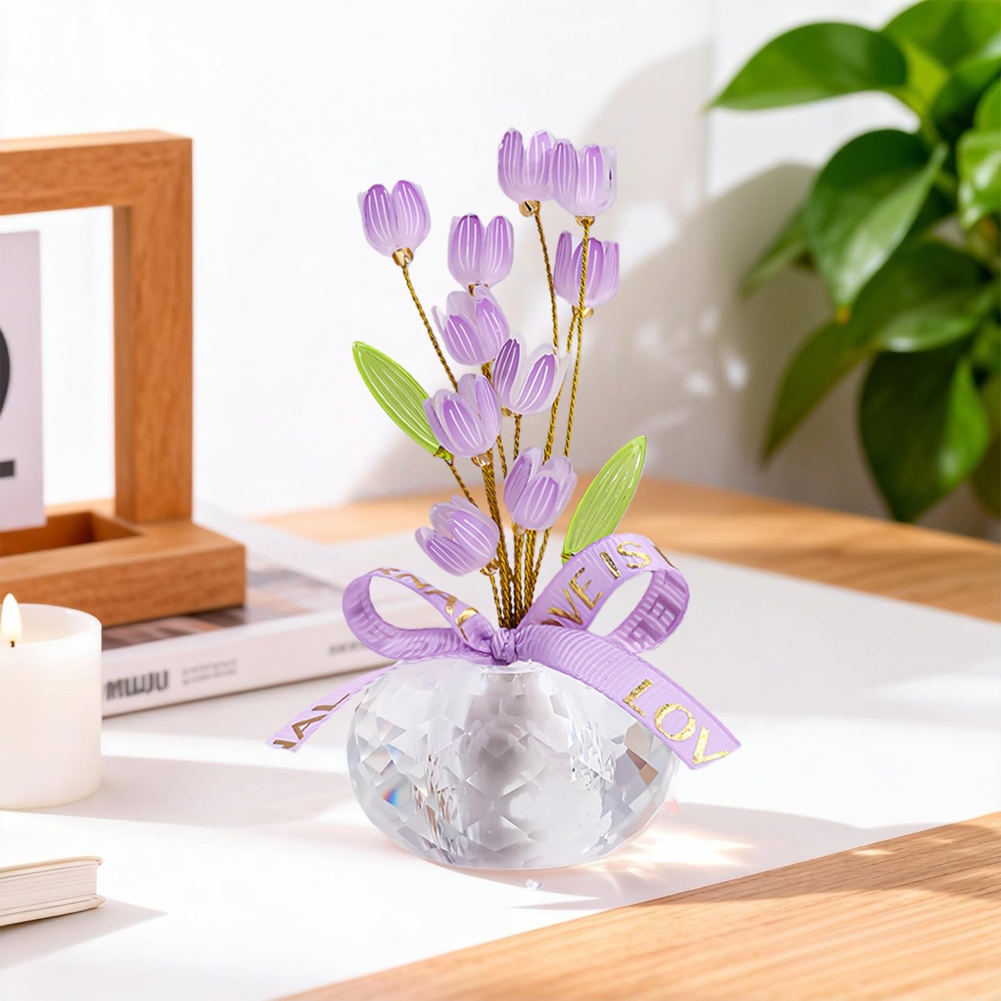 Crystal Flower Figurine - Handmade Mini Flower Decor with Crystal Base, Plastic Artificial Petals and Adjustable Wire, Cute Floral Ornament for Home/Office/Car, Ideal Gift for Women(Purple Tulips)