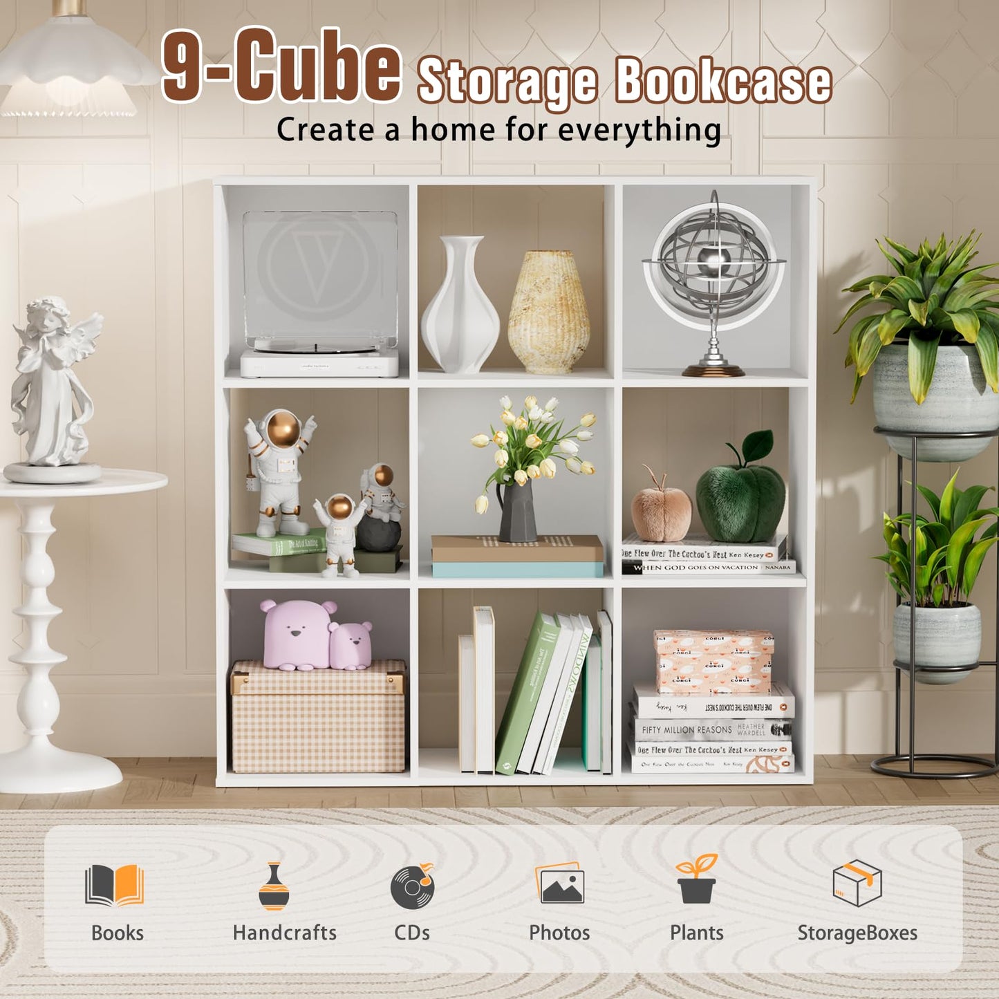 Nestwise 9 Cube Storage Organizer, Free Standing Display Shelf with Open Cubes, Floor Standing Book Shelf Bookcase with Storage for Home Office, Living Room, Bed Room (White, 9-Cube)