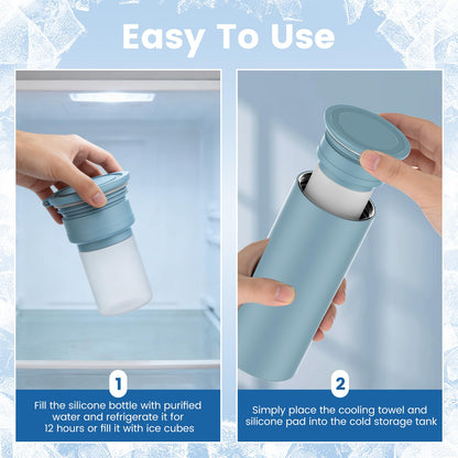 COOLING STATION 3-in-1 Portable Kit: Insulated Stainless Steel Bottle with Reusable Ice Bag & Cooling Towel. Long-Lasting Cold Relief for Daily Commute, Gym, Sports & Outdoor Travel. (Gray-green)