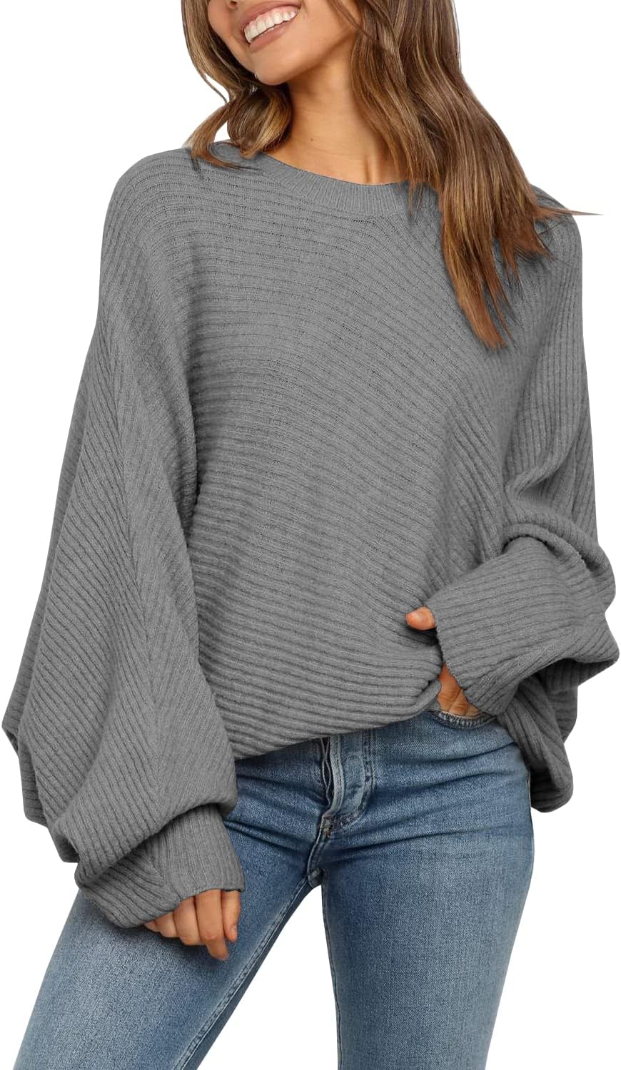 Mafulus Women's Oversized Crewneck Sweater Batwing Puff Long Sleeve Cable Slouchy Pullover Jumper Tops