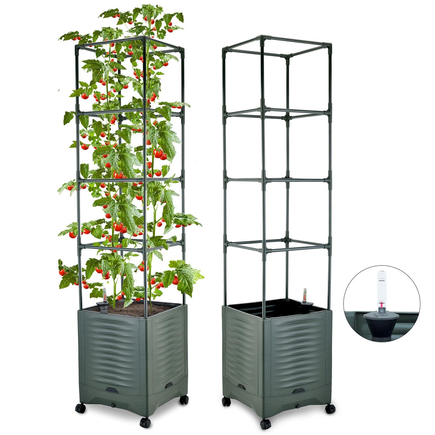 Tomato Planter Pot Tomato Box Raised Garden Bed 56.5" Tall Self-Watering and Water Indicator Planter for Tomato Outdoor Indoor Metal Trellis for Climbing Plants Large Reservoir-1 planter-not 2