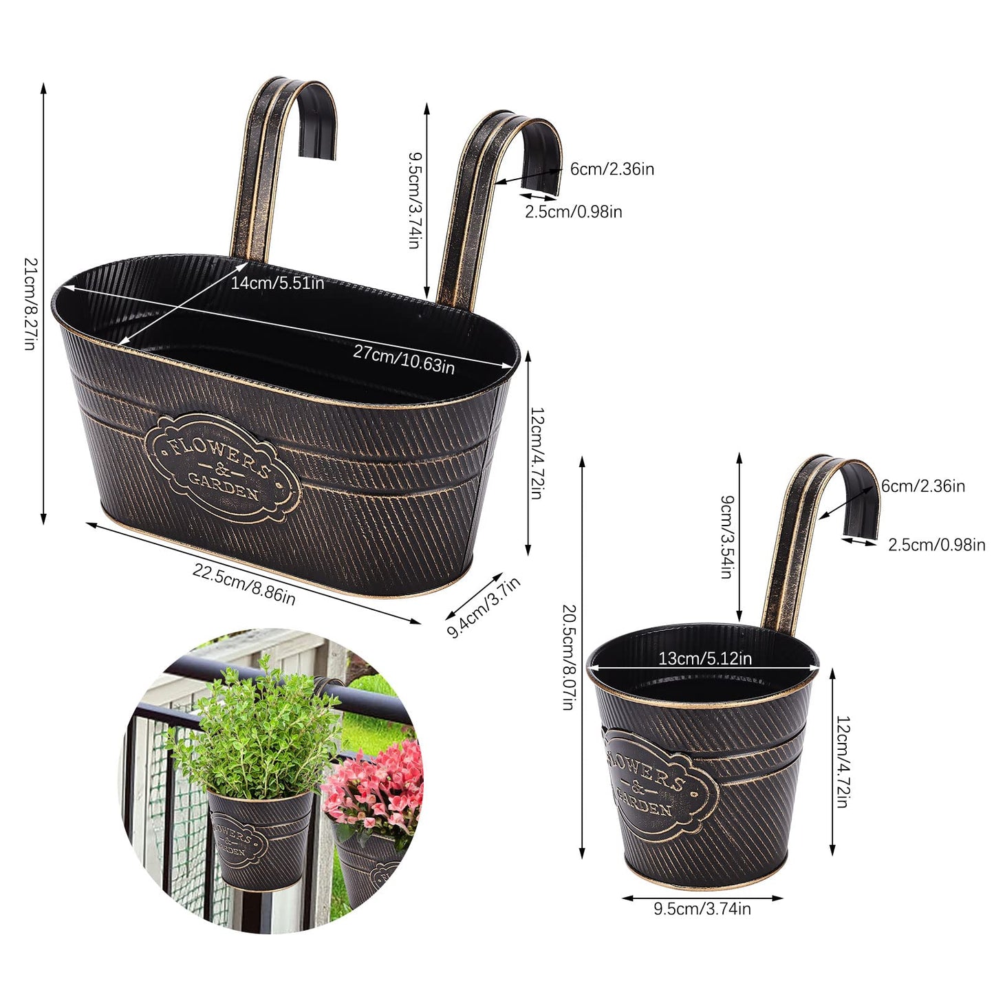 PerGar 3 Pack Metal Railing Planter Box Outdoor, 10.6" Hanging Flower Pots with Detachable Hooks & Drainage Holes, Rail Planter Boxes for Balcony Deck Porch Fence Garden Home Decoration, Black