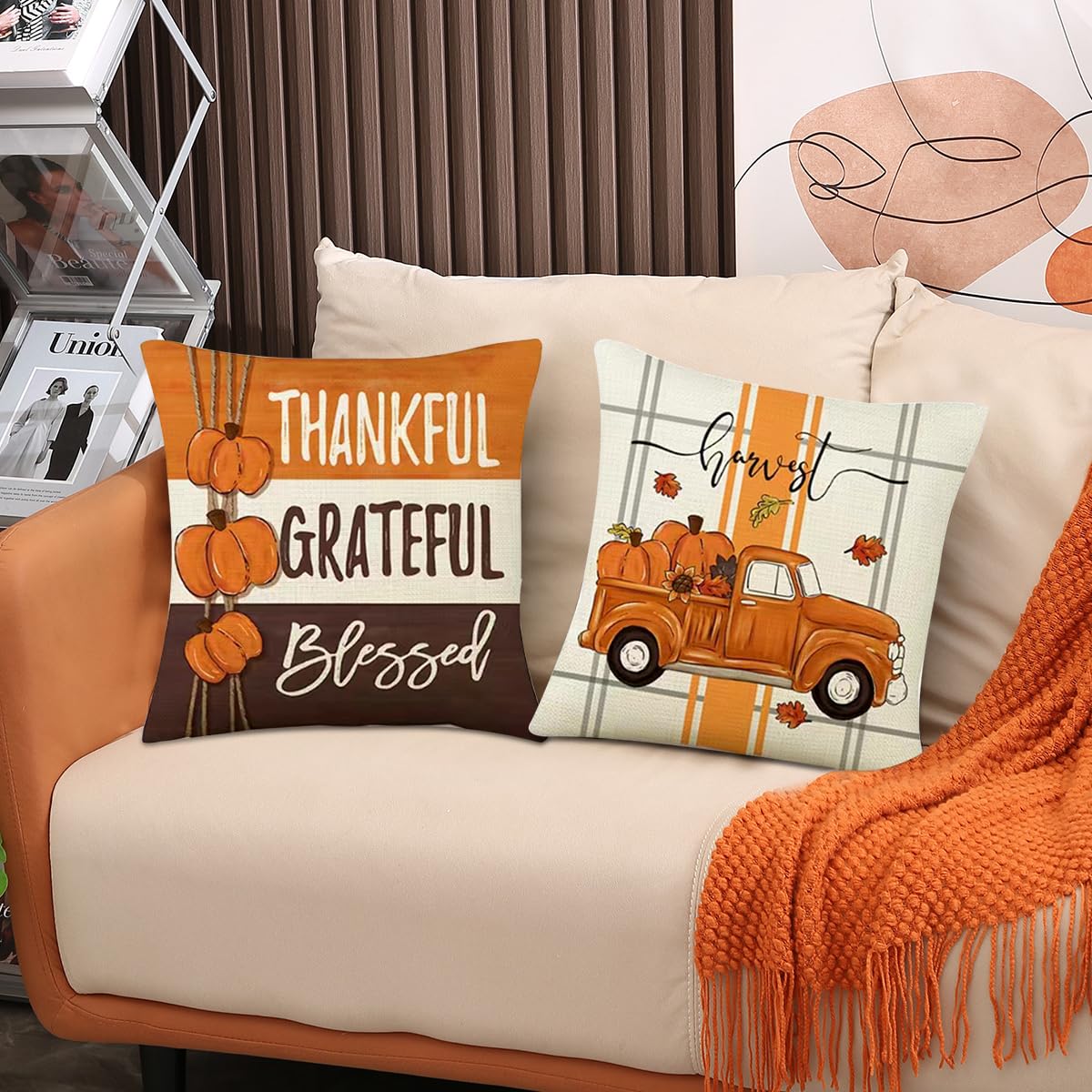 PSDWETS Throw Pillow Covers 18x18 Set of 4 for Fall Decor,Fall Decorations Maple Leaves Pumpkin Farmhouse Autumn Thanksgiving Cushion Cover for Home Sofa Couch