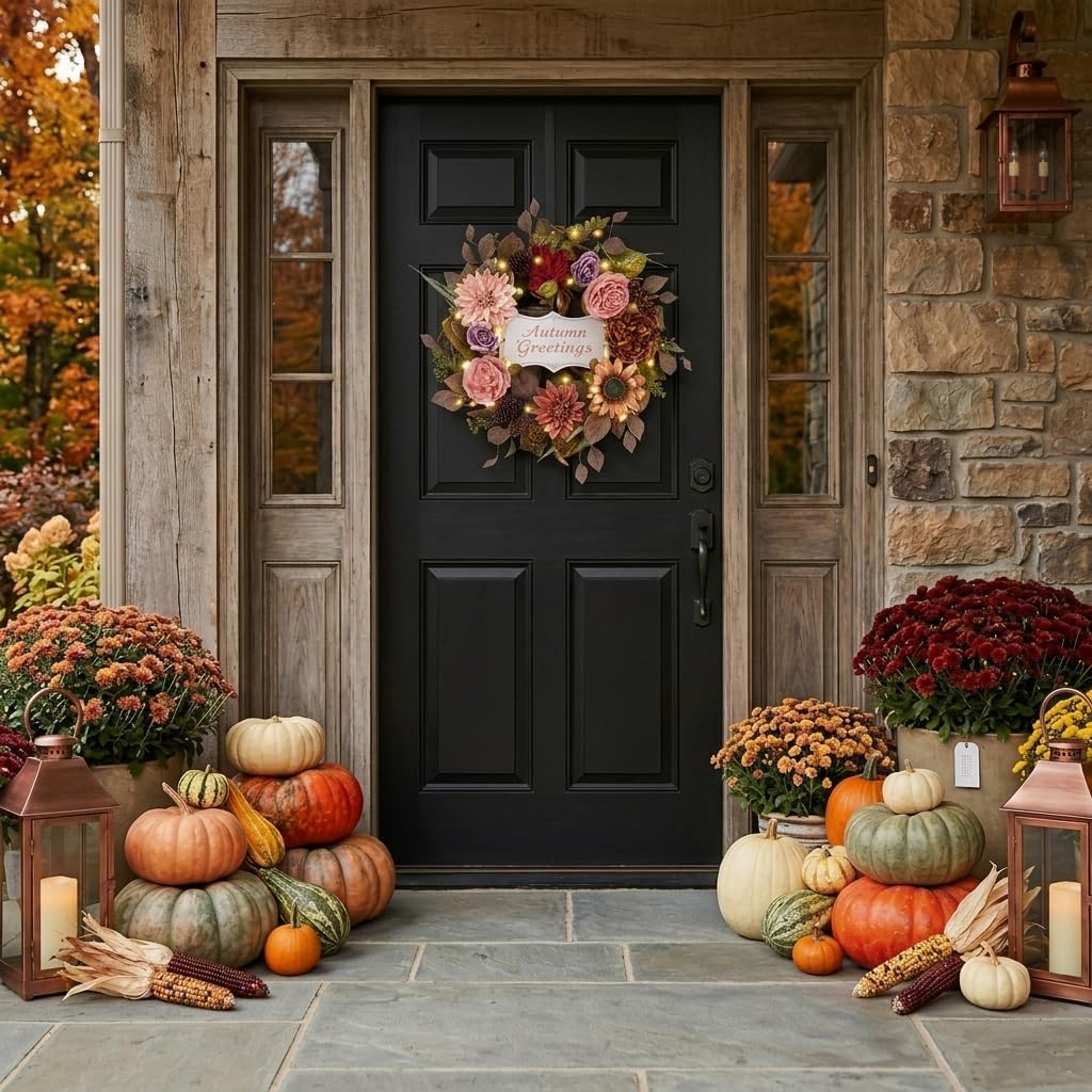 Valery Madelyn 24'' Collapsible Pre-Lit Flowers Fall Wreath for Front Door
