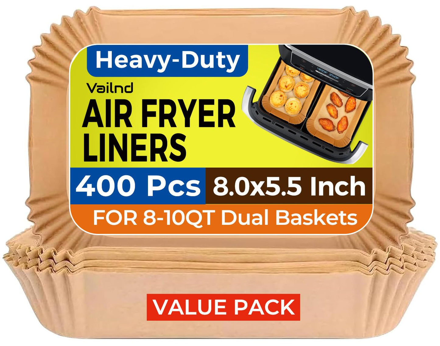 400 Pcs Air Fryer Paper Liners, 8" Square Air Fryer Liners Disposable, Heavy-Duty Parchment Paper for 5-8 qt Airfryer Basket, Non-Stick & Grease-Proof Baking Liner for Oven Pan