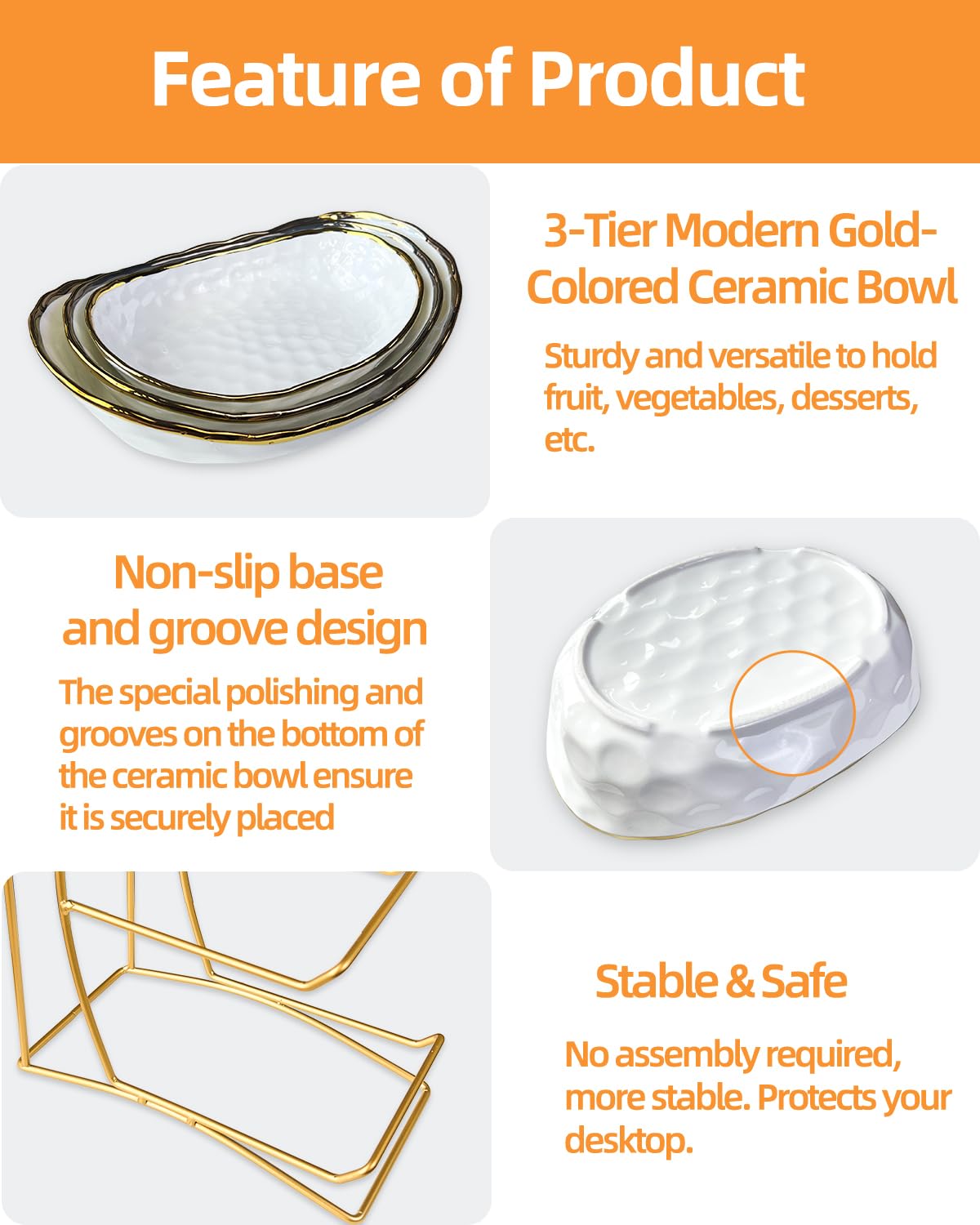Niuirt Fruit Bowl for Kitchen Counter, 3-Tier Fruit Basket, Ceramic Fruit Bowl with Metal Stand for Fruit, Vegetable Storage, Snack, Nuts, Dessert, Cake, Stylish & Cute