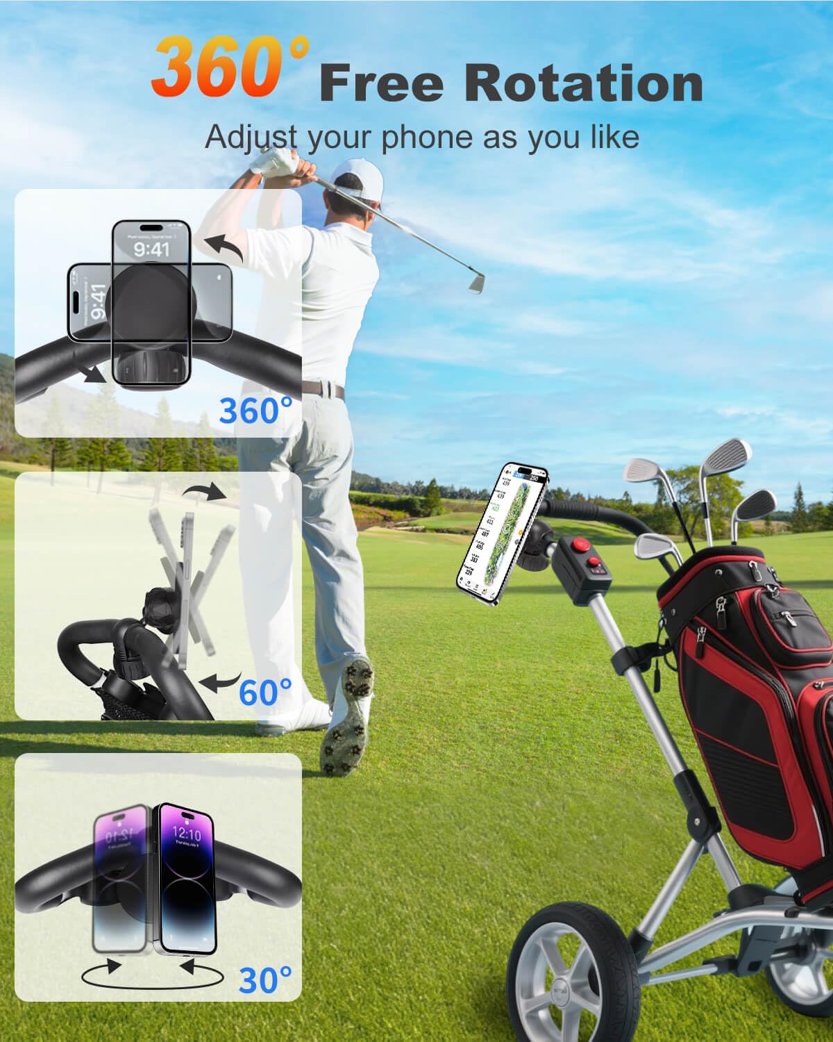 Magnetic Golf Push Cart Phone Holder MagSafe Hands-Free 360° Adjustable with Strong Magnets Phone Mount Compatible with Clicgear, Bag Boy, Sun Mountain, Golf Push Cart Accessories for All Cell Phones