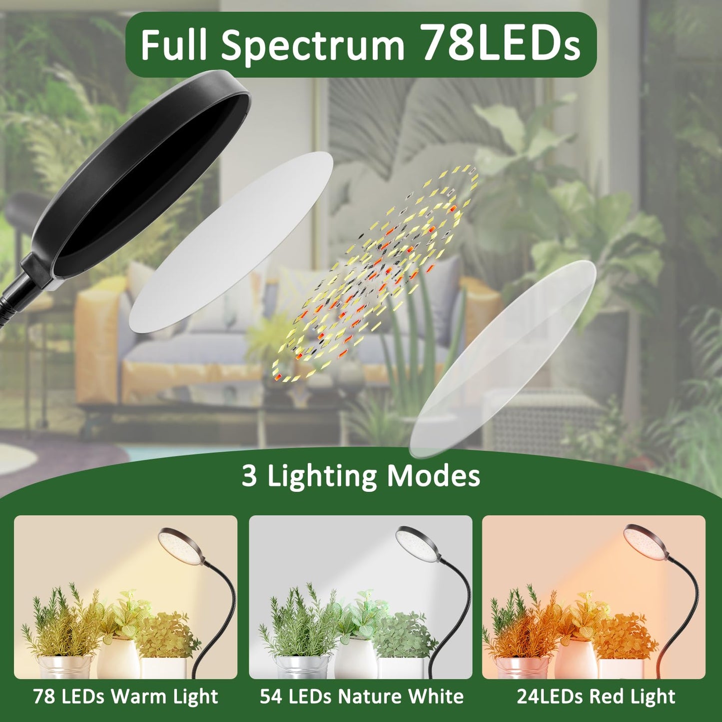 Bufccy Indoor Plant Grow Light, 6000K Full Spectrum LED, Auto On/Off Timer, 9 Dimming Levels, 360 Adjustable Gooseneck, Modern Style, Black