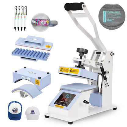 PYD Life 3 in 1 Mini Combo Heat Press Machine for Label Tag 5.8 x 5.8 Inch Light Blue 110 V Cap Hat Sublimation Pens Heat Press Machine